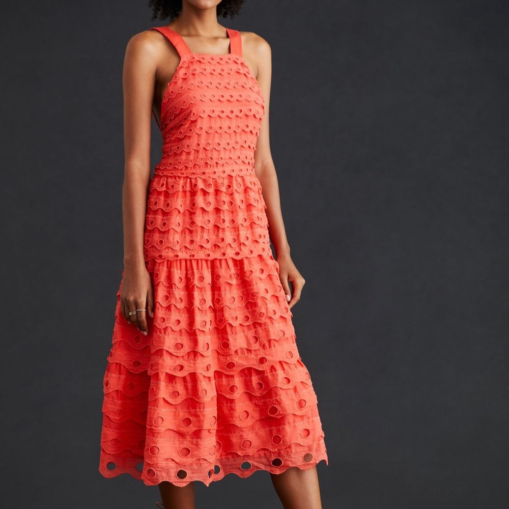Maeve Red Orange Eyelet Halter Long Midi Strap Dress 0P 0 2P